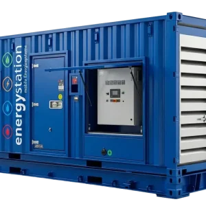 Ein robustes, schallgedämmtes 1250 kVA Container-Stromaggregat, bereit für den Transport oder Einsatz.