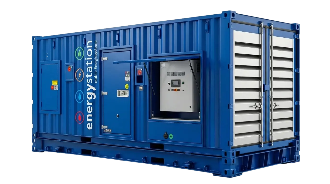 Ein robustes, schallgedämmtes 1250 kVA Container-Stromaggregat, bereit für den Transport oder Einsatz.